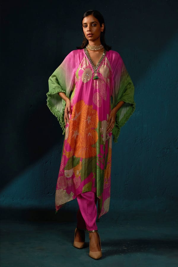 Pink Floral Printed Asymmetrical Kurta Set with Cape Sleeves — Basil Leaf