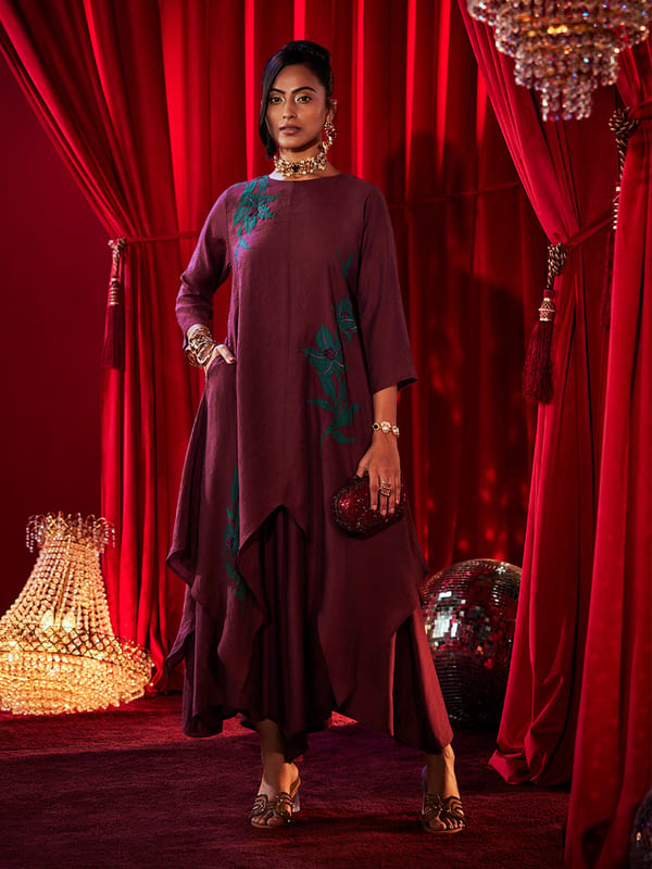 Wine Embroidered Asymmetric Tunic and Wide-Leg Co-ord Set — HOUSE OF FETT
