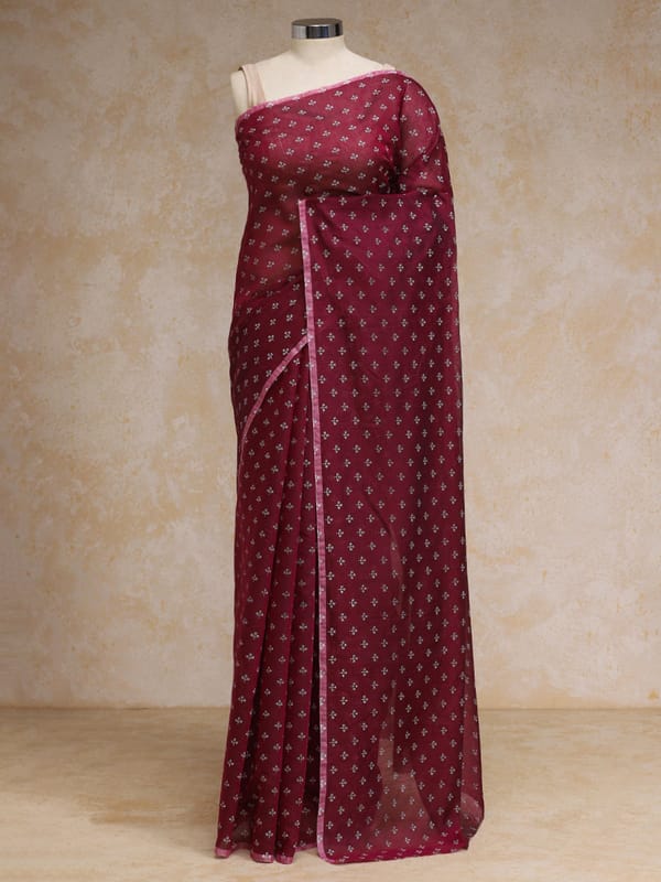 Deep Plum Cotton Saree White Butti Print Rozaana — BINKS