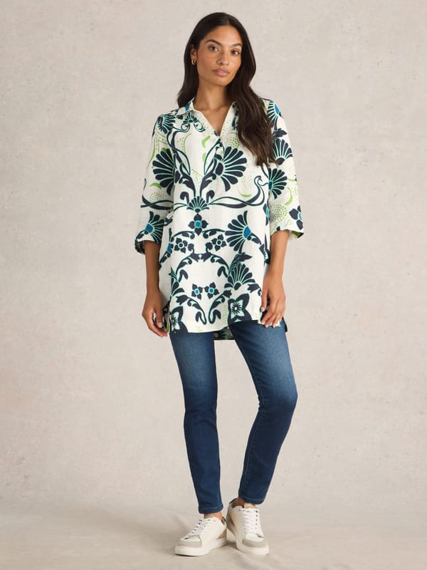 Ivory Printed Linen Tunic Top with Collar and 3/4 Sleeves — White Stuff