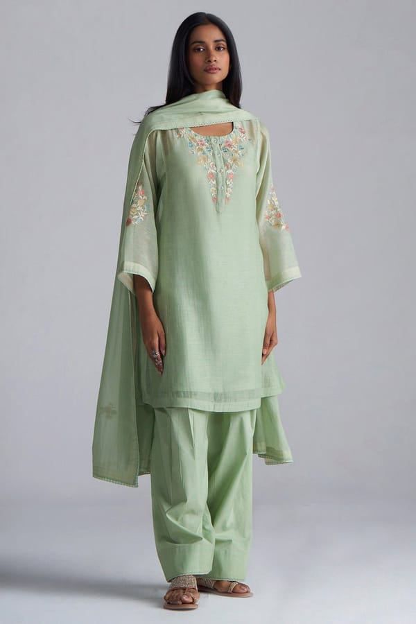 Laurel Green Chanderi Silk Embroidered Kurta Set — Ganga Fashions Pvt Ltd