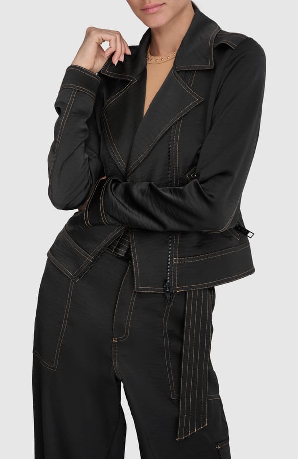 Black Cropped Zip-Front Lapel Collar Jacket — DKNY