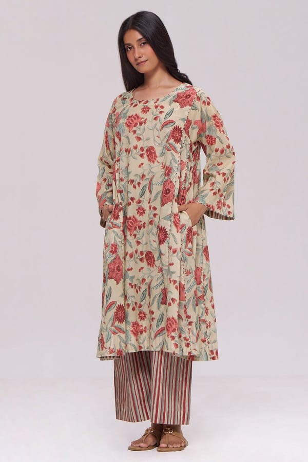 Vintage Beige and Rose Floral Print Kurta — Ganga Fashions Pvt Ltd