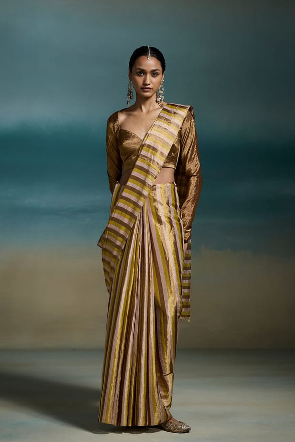 Metallic Peach-Gold Tissue Striped Saree — Dressfolk