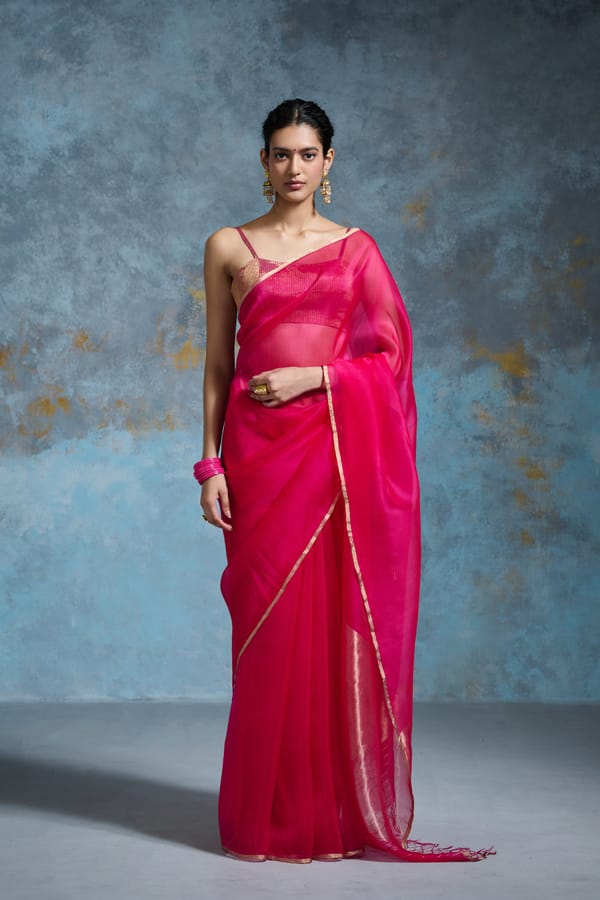 Hot Pink Organza Saree with Zari Border — Dressfolk
