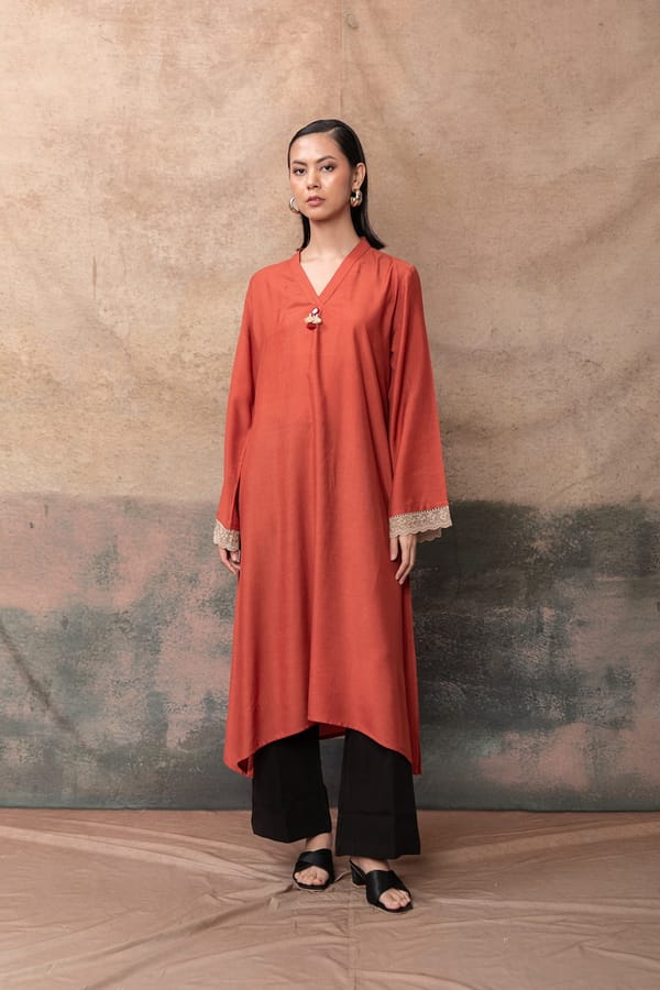 Rust Asymmetric Long Muslin Kurta with Lace Cuffs — LABEL NAARITI