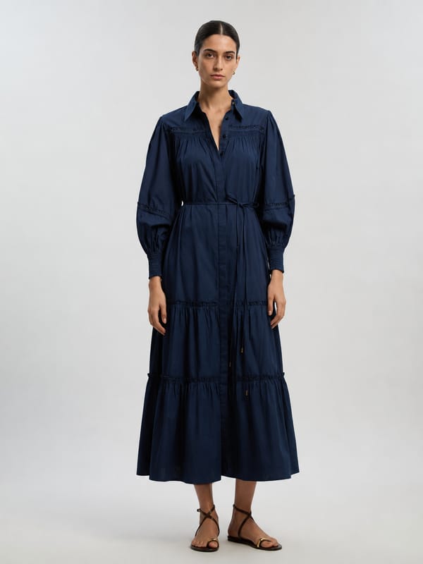 Navy Tiered Midi Shirt Dress with Tie Waist — KAREN MILLEN