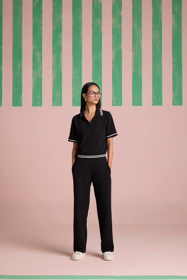 Black Textured Polo Top and Straight Pants Co-ord Set — Muvazo