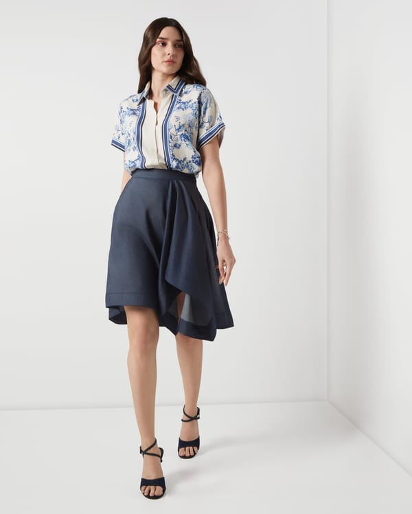 Cream and Navy Floral Border Print Cotton-Linen Shirt — Needle Ten