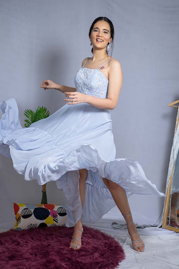 Ice Blue Ruffle Dress — EWOKE STUDIO