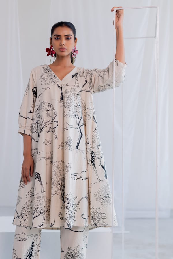 Off-White Safari Print A-Line Kurta Set with Pants — Silai studio