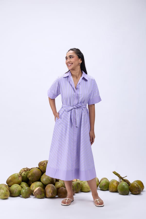 Lavender Striped Cotton Poplin Belted Midi Shirt Dress — Label Ruiaan