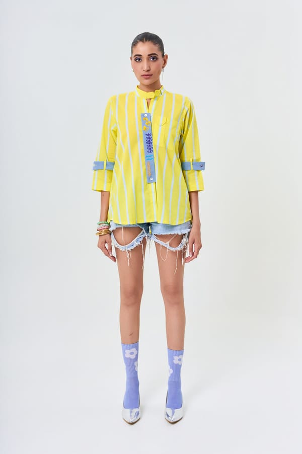 Vibrant Yellow Striped Cotton Mandarin Collar Shirt — KOR