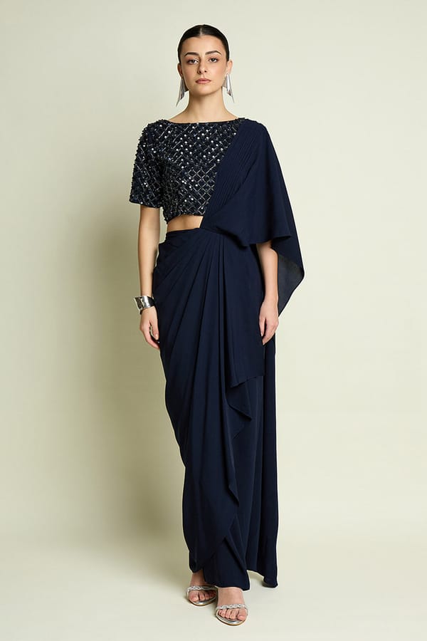 Navy  Pre-Draped Saree With Blouse — Aakaar