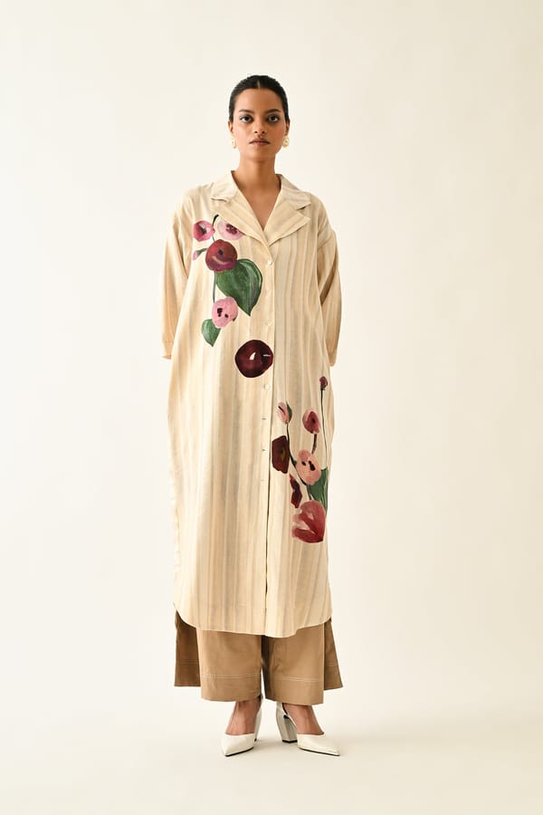 Off White Abstract Print Belted Midi Trench Shirt Dress — Ofrida