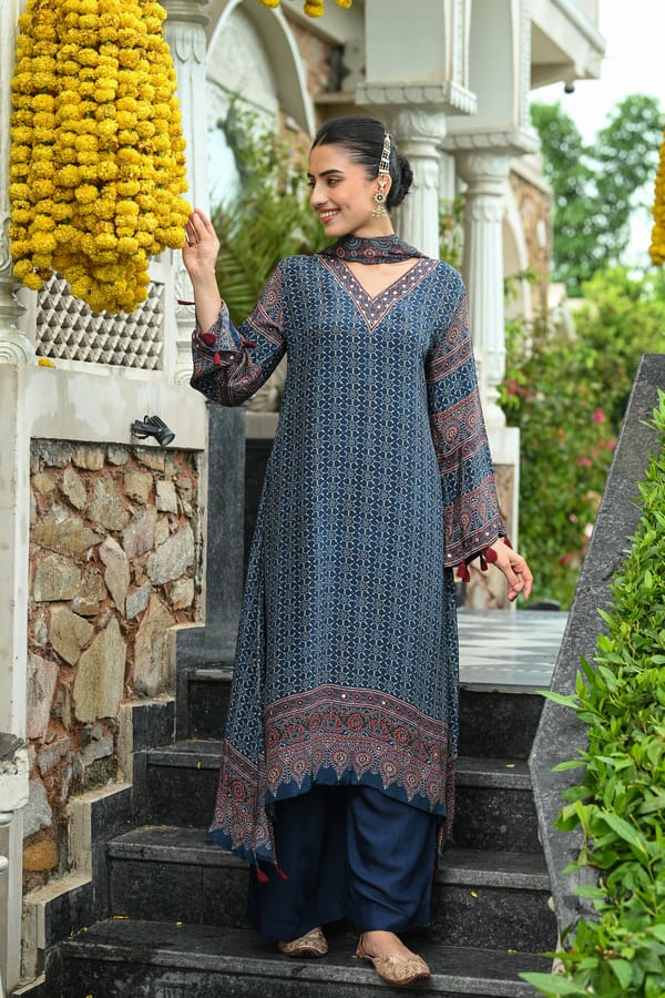 Indigo Blue Ajrakh Print Gota Adda Work Crepe A line Suit Set with Chinnon Ajrakh Print Dupatta-SET OF-3 — MAHEE JAIPUR