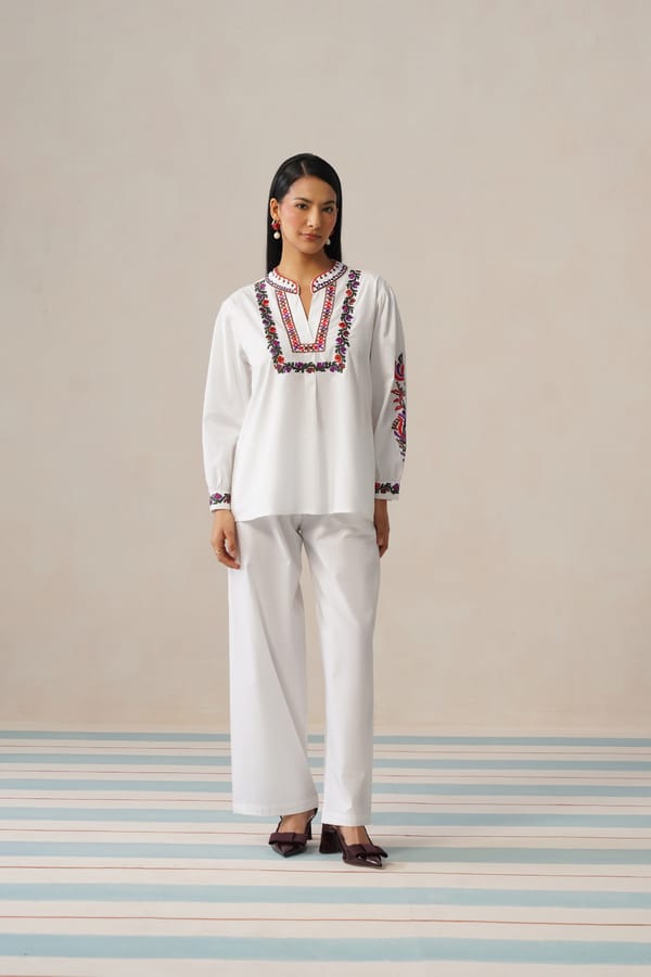 Ivory Cotton Co-ord Set with Embroidered Neckline — Armoire