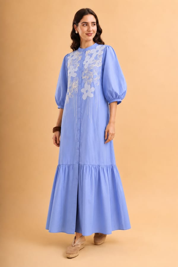 Ice Blue Embroidered Bodice Maxi Shirt Dress — ANISETTE