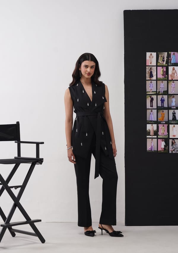 Black Crystal-Embellished Wrap Co-ord Set — AMOSHI