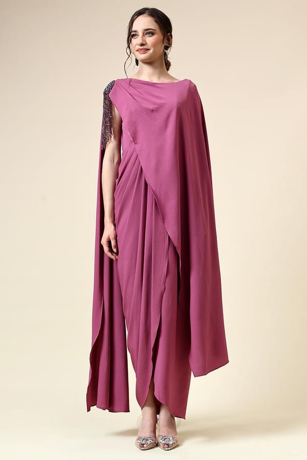 Berry Pink Crystal Fringe Drape Maxi Dress — Aakaar