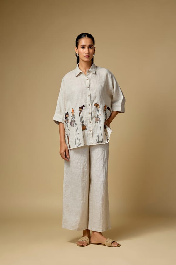 Beige Linen Relaxed-Fit Shirt with Illustrated Hem Detail — Linen Bloom
