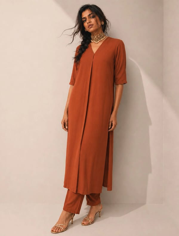 Rust Solid Viscose High-Slit Kurta Set — Truebrowns