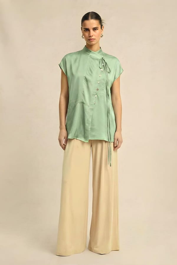 Ash Green High Neck Overlap Panel Tie-Up Blouse — Neora