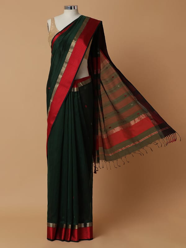 Maheshwari Cotton Silk Bottle Green Woven Butta — BINKS