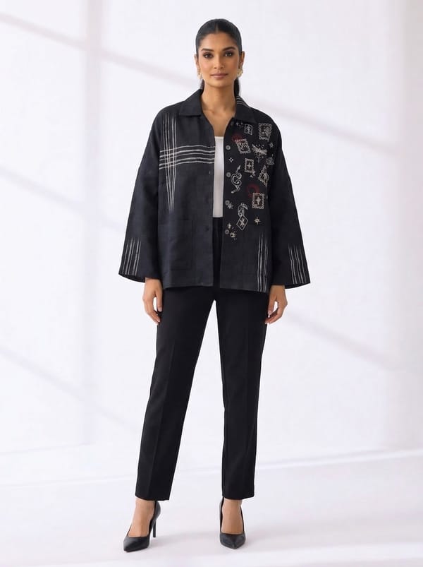Black Ikat Anti- Fit Hand Embroidered Shirt Jacket — Subtle Shuttle Studio