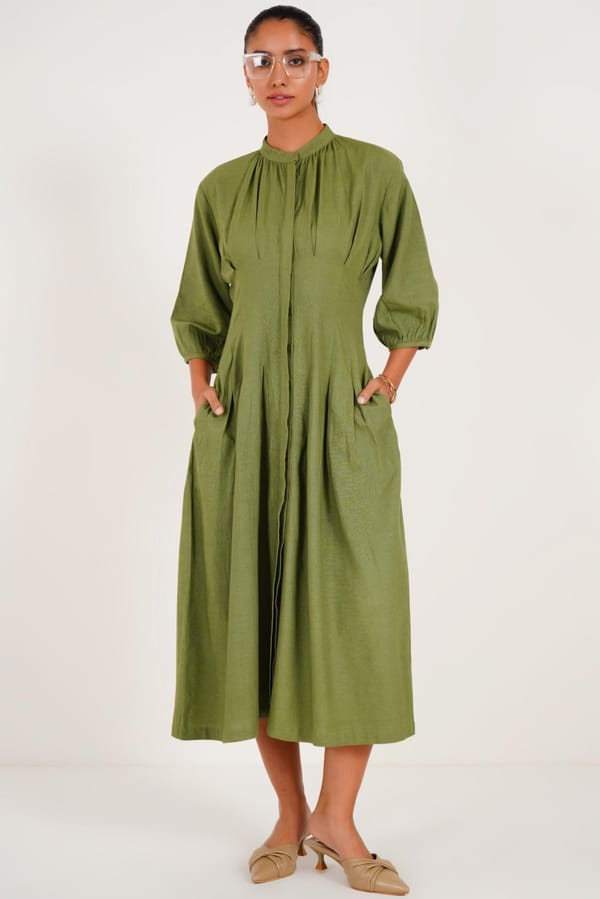 Olive Fit and Flare Box Pleat Midi Dress — Western Era