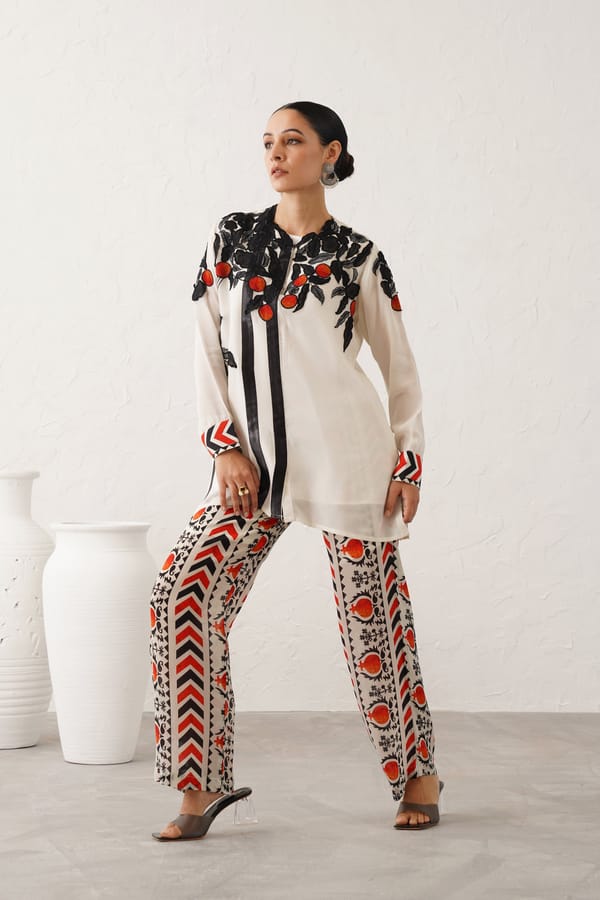 White Organza Tunic and Printed Pants Co-ord Set — NEETIKA CHOPRA