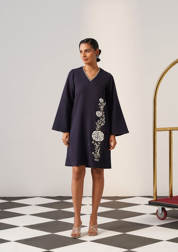Navy Knee-Length A-Line Dress with Floral Embellishment — AMOSHI