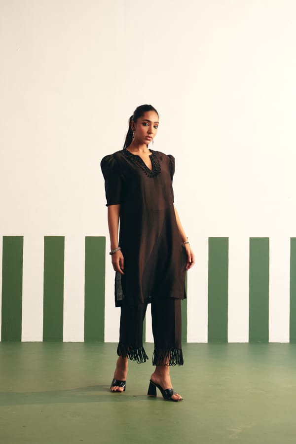Black Chanderi V-Neck Puff Sleeve Kurta Set — Reeti Arneja