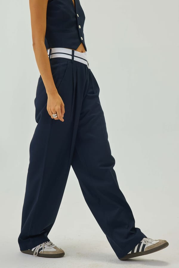 Navy Blue High-Waist Wide-Leg Trousers with Cross Belt — Shop Staple