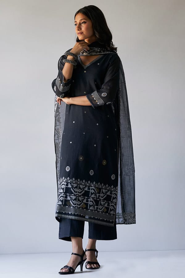 Black V-Neck Straight Kurta Set with Dupatta — Ganga Fashions Pvt Ltd