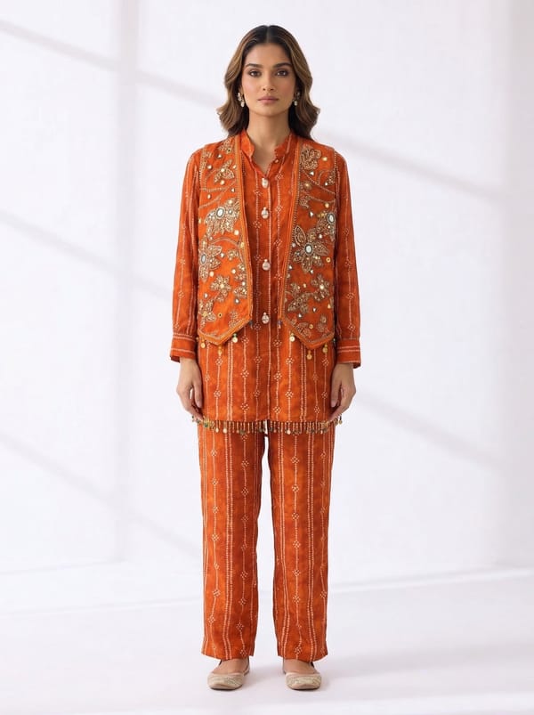 Orange Striped Kurta, Pants and Jacket 3-Piece Co-ord Set — BUMBLEBEE
