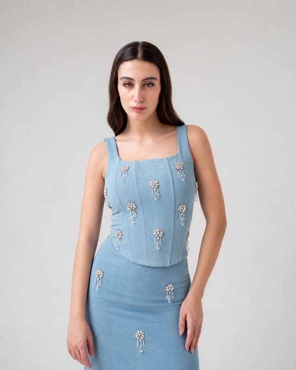 Cascade Crystal Denim Corset — MAGIA