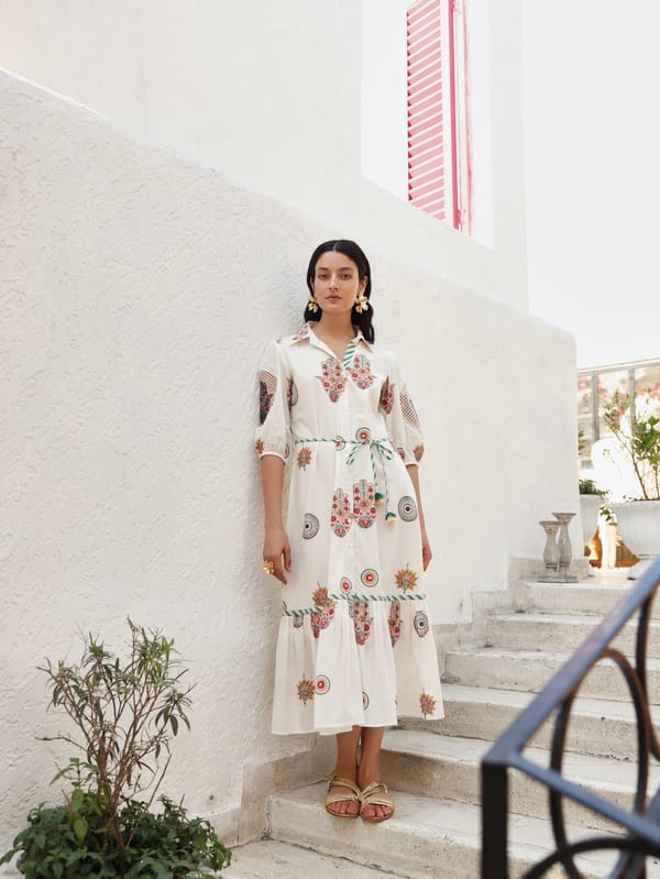Peach & Green Hamza Print Long Dress — TASHA INDIA