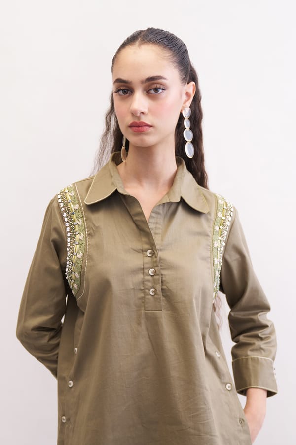 Mushroom Cotton Poplin Embroidered Relaxed-Fit Shirt — Our Love