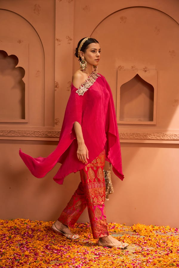 Fuchia One-Shoulder Pleated Cape and Brocade Pant Co-ord — TASUVURE