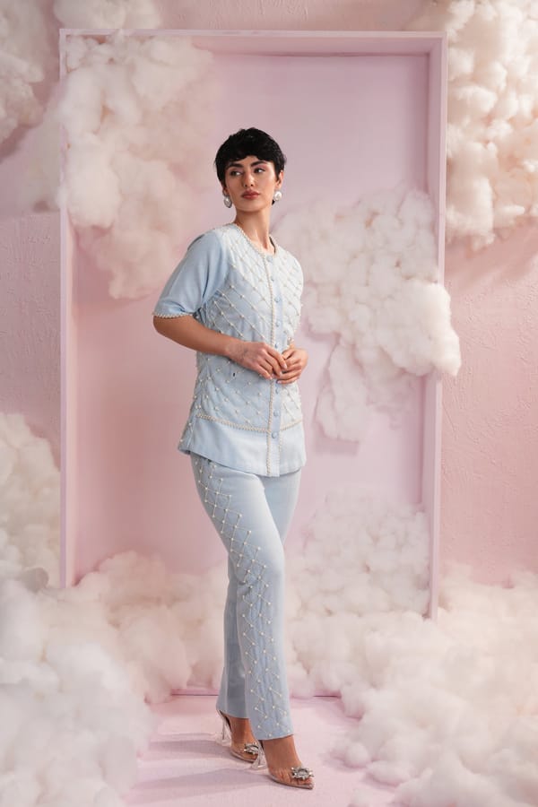 Powder Blue Pearl Lattice Shirt and Trouser Co-ord Set — Simar Tuli