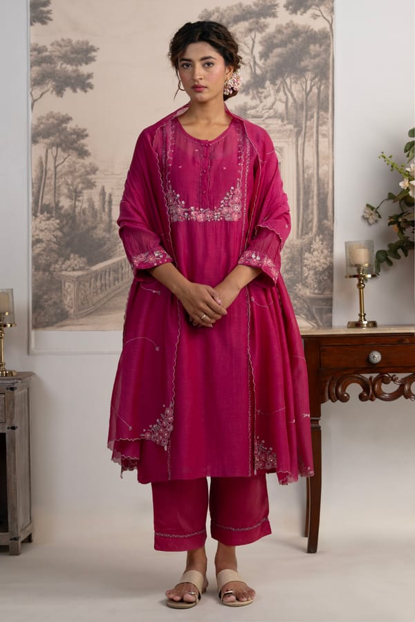 Rani Pink Beaded Bagicha Suit Set — Tatwa Designs