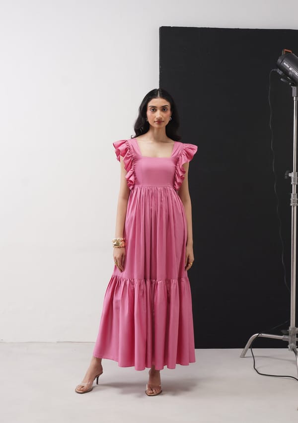 Blush Pink Tiered Maxi Dress with Square Neck — AMOSHI