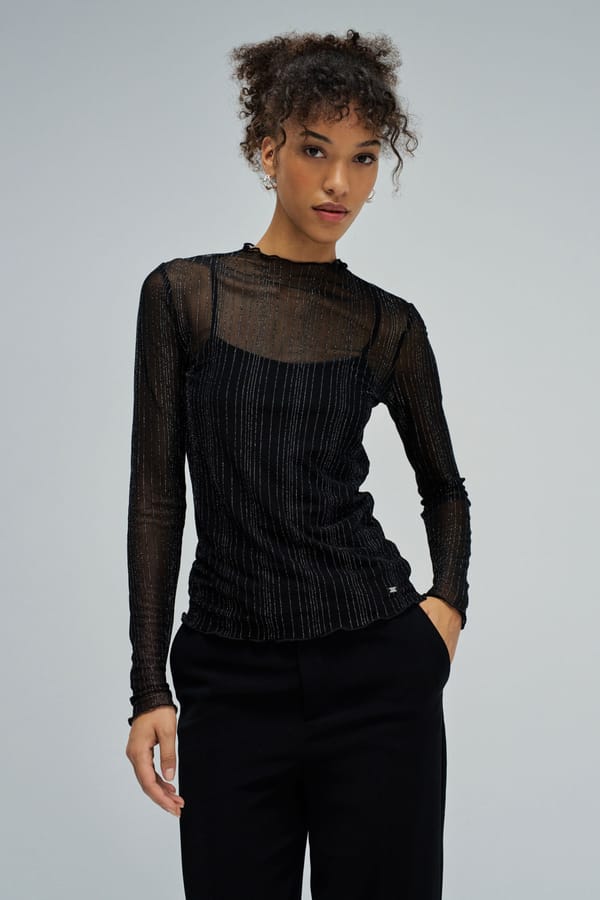 Black Shimmer Mesh Round Neck Full Sleeve Top — SALSA JEANS