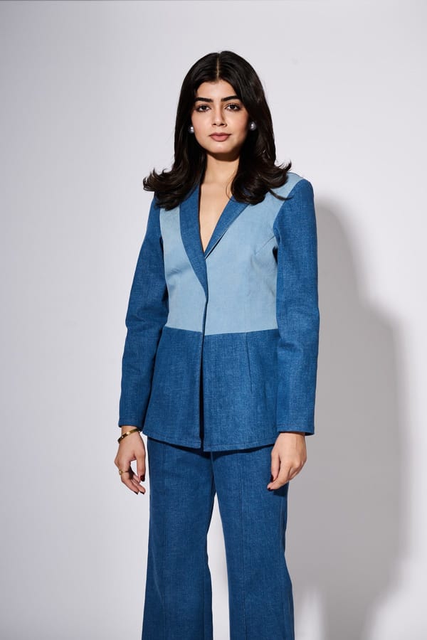 Denim Colour Block Blazer Set — Weaving Cult