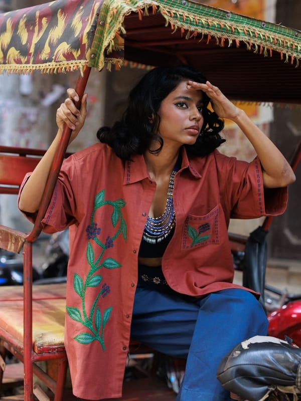 Rust Oversized Linen Shirt with Vine Embroidery — Winglore Studio