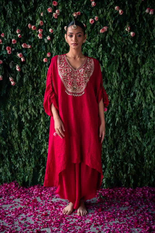 Maroon Embroidered Kaftan Kurta Set with Harem Pants — Pooja Singhal