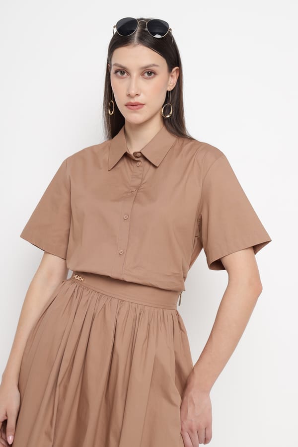 Beige Sand Short Sleeve Button-Down Shirt — SILVIAN HEACH