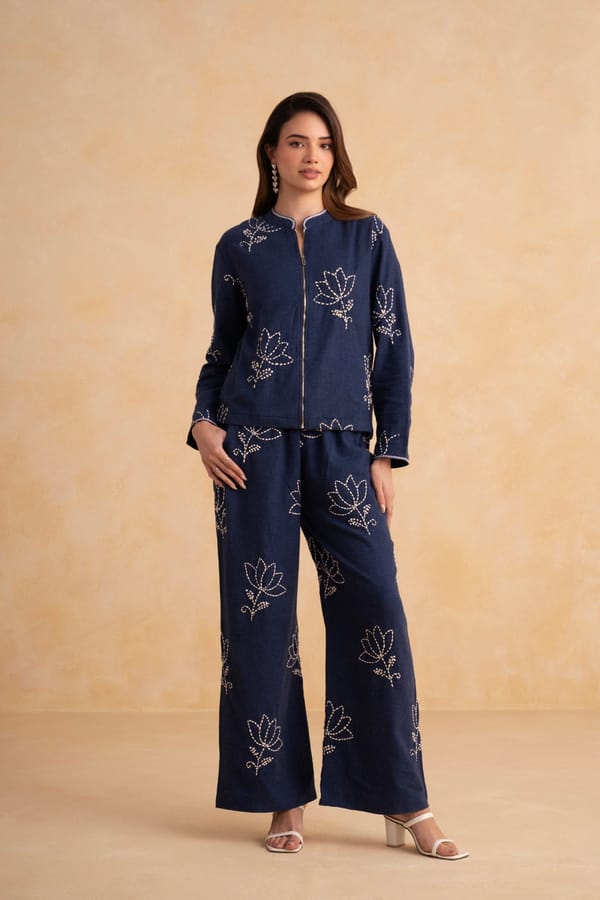 Dark Blue Embroidered Zip-Up Jacket and Pant Co-ord Set — Armoire