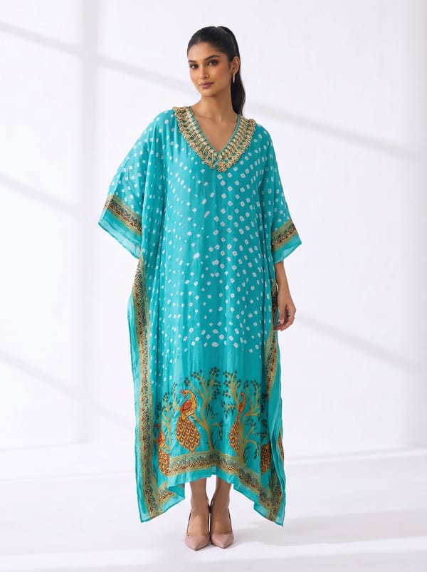 Embellished Bandhani Sky Blue Kaftan — 5 Elements